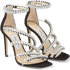 Jimmy Choo Josefina 100 Black Suede Heels with Crystal Straps